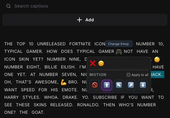 Caption emojis workflow showing AI generation and customization