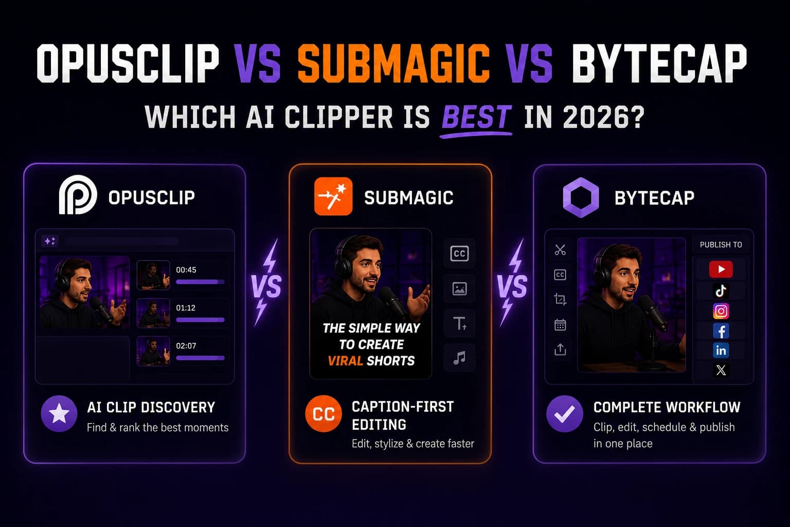 OpusClip vs Submagic vs Bytecap: Which AI Clipper Is Best in 2026?